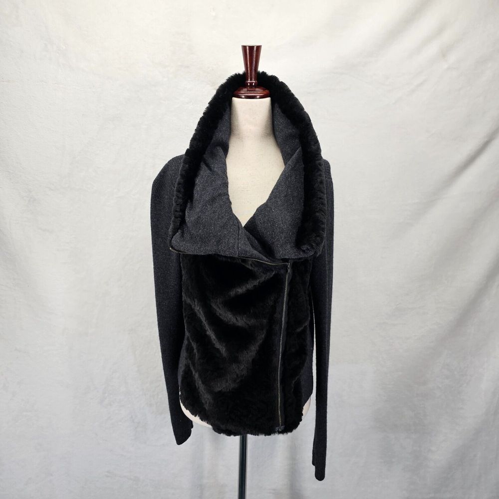 Ann Taylor LOFT Black Faux Fur Motorcycle Bomber Jacket Womens S Side Zipper EUC